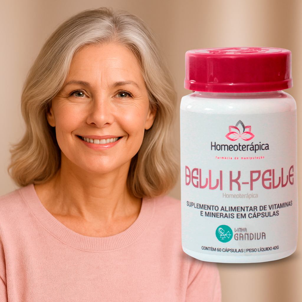 Suplemento Belli K-Pelle com mulher madura sorrindo